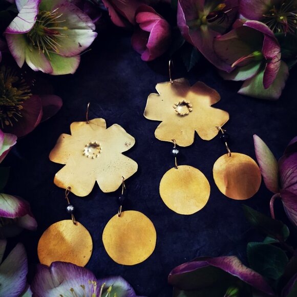 Artisanal Handmade  ~  Brass Floral Inanna Earrings - Picture 4 of 4